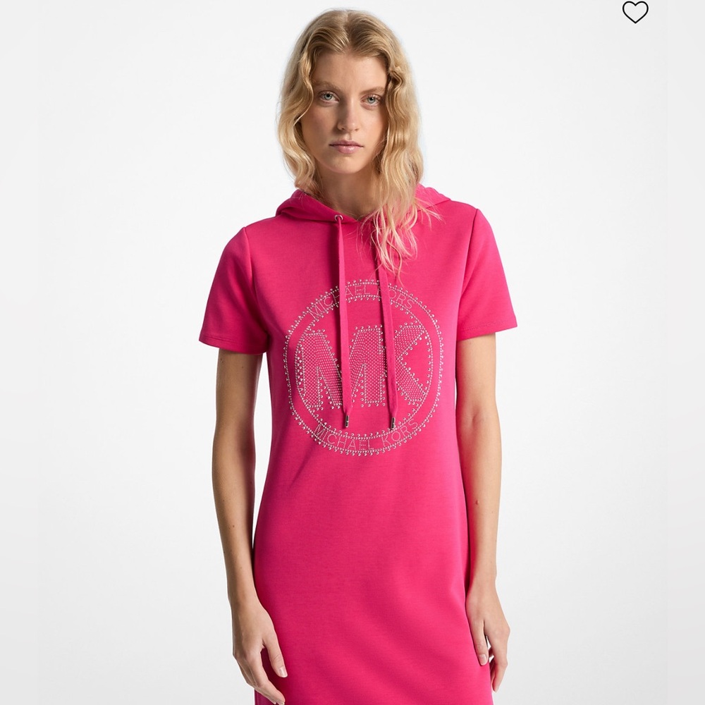 Michael Kors Studded Logo Cotton Blend Hoodie Dress In Dragon Fruit Sz XS NEW💗